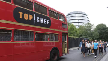 TOP CHEF -- Episode 2001 -- Pictured: (l-r) Buddha Lo, Padma Lakshmi, Amar Santana, Gabriel Rodriguez, Samuel Albert, Dawn Burrell, Charbel Hayek, Sylwia Stachyra, May Phattanant Thongthong -- (Photo by: David Moir/Bravo)
