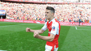 LONDON, ENGLAND - APRIL 23: Gabriel celebrates Arsenal's victory after the Emirates FA Cup Semi-Final match between Arsenal and Manchester City at Wembley Stadium on April 23, 2017 in London, England. (Photo by Stuart MacFarlane/Arsenal FC via Getty Images)