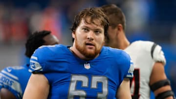 Oct 17, 2021; Detroit, Michigan, USA; Detroit Lions center Evan Brown (63) after the game against the Cincinnati Bengals at Ford Field. Mandatory Credit: Raj Mehta-USA TODAY Sports