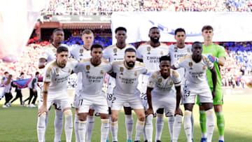 BARCELONA, SPAIN - OCTOBER 28: David Alaba of Real Madrid, Toni Kroos of Real Madrid, Aurelien Tchouameni of Real Madrid, Antonio Rudiger of Real Madrid, Jude Bellingham of Real Madrid, Kepa Arrizabalaga of Real Madrid, Fede Valverde of Real Madrid, Rodrygo Goes of Real Madrid, Dani Carvajal of Real Madrid, Vinicius Junior of Real Madrid, Ferland Mendy of Real Madrid during the LaLiga EA Sports match between FC Barcelona v Real Madrid at the Lluis Companys Olympic Stadium on October 28, 2023 in Barcelona Spain (Photo by David S.Bustamante/Soccrates/Getty Images)