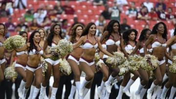 LANDOVER, MD - AUGUST 19: The Washington Redskins cheerleaders cheer before the game between the Washington Redskins and the New York Jets at FedExField on August 19, 2016 in Landover, Maryland. The Redskins defeated the Jets 22-18. (Photo by Larry French/Getty Images)