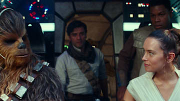 Joonas Suotamo is Chewbacca, Oscar Isaac is Poe Dameron, Daisy Ridley is Rey and John Boyega is Finn in STAR WARS: THE RISE OF SKYWALKER