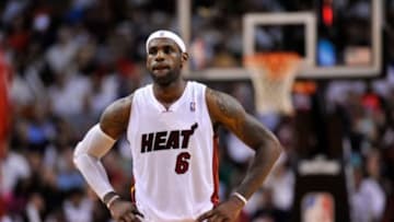 Mar 16, 2014; Miami, FL, USA; Miami Heat forward LeBron James (6) takes a breather during the second half against the Houston Rockets at American Airlines Arena. Mandatory Credit: Steve Mitchell-USA TODAY Sports