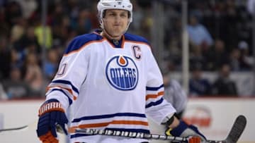 April 19 2013; Denver, CO, USA; Edmonton Oilers center Shawn Horcoff (10) reacts during the third period of the game against the Colorado Avalanche at the Pepsi Center. The Edmonton Oilers defeated the Colorado Avalanche 4-1. Mandatory Credit: Ron Chenoy-USA TODAY Sports