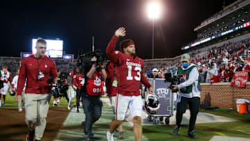 Oct 16, 2021; Norman, Oklahoma, USA; Oklahoma Sooners quarterback Caleb Williams (13) waves to fans after the game against the TCU Horned Frogs at Gaylord Family-Oklahoma Memorial Stadium. Mandatory Credit: Kevin Jairaj-USA TODAY Sports