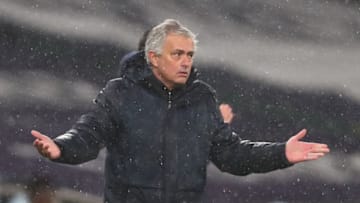 Tottenham Hotspur's Portuguese head coach Jose Mourinho gestures during the English Premier League football match between Tottenham Hotspur and Chelsea at Tottenham Hotspur Stadium in London, on February 4, 2021. (Photo by Clive Rose / POOL / AFP) / RESTRICTED TO EDITORIAL USE. No use with unauthorized audio, video, data, fixture lists, club/league logos or 'live' services. Online in-match use limited to 120 images. An additional 40 images may be used in extra time. No video emulation. Social media in-match use limited to 120 images. An additional 40 images may be used in extra time. No use in betting publications, games or single club/league/player publications. / (Photo by CLIVE ROSE/POOL/AFP via Getty Images)