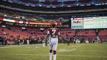 LANDOVER, MD - DECEMBER 22: Dwayne Haskins #7 of the Washington Redskins walks off the field after the game against the New York Giants at FedExField on December 22, 2019 in Landover, Maryland. (Photo by Scott Taetsch/Getty Images)