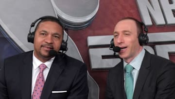 Dec 9, 2016; Los Angeles, CA, USA; ESPN broadcasters Mark Jackson (left) and Dave Pasch during a NBA basketball game between the Phoenix Suns and the Los Angeles Lakers at Staples Center. The Suns defeated the Lakers 119-115. Mandatory Credit: Kirby Lee-USA TODAY Sports