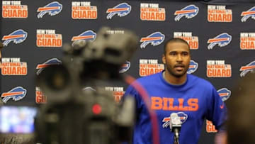 May 14, 2013; Orchard Park, NY, USA; Buffalo Bills quarterback E.J. Manuel (3) speaks with the media following organized team activities at Bills Healthy Zone Fieldhouse. Mandatory Credit: Timothy T. Ludwig-USA TODAY Sports