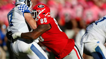 Georgia defensive lineman Jalen Carter (88) sacks Kentucky Wildcats quarterback Will Levis (7) during the second half of an NCAA college football game between Kentucky and Georgia in Athens, Ga., on Saturday, Oct. 16, 2021. Georgia won 30-13.News Joshua L Jones