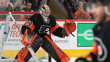 PHILADELPHIA, PA - MARCH 23: Carter Hart #79 of the Philadelphia Flyers warms up against the New York Islanders on March 23, 2019 at the Wells Fargo Center in Philadelphia, Pennsylvania. (Photo by Len Redkoles/NHLI via Getty Images)