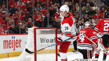 CHICAGO, IL - MARCH 08: Sebastian Aho #20 of the Carolina Hurricanes reacts after scoring against the Chicago Blackhawks in the third period at the United Center on March 8, 2018 in Chicago, Illinois. (Photo by Chase Agnello-Dean/NHLI via Getty Images)