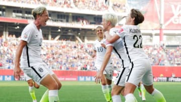 USWNT's Megan Rapinoe celebrates after leading her side to a 3-1 win over Australia in Group D. Source: Getty Images.