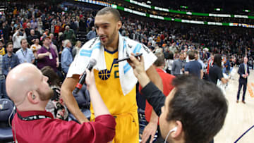 SALT LAKE CITY, UT - MARCH 15: Rudy Gobert #27 of the Utah Jazz talks to the media on the court after the game against the Phoenix Suns on March 15, 2018 at vivint.SmartHome Arena in Salt Lake City, Utah. NOTE TO USER: User expressly acknowledges and agrees that, by downloading and or using this Photograph, User is consenting to the terms and conditions of the Getty Images License Agreement. Mandatory Copyright Notice: Copyright 2018 NBAE (Photo by Melissa Majchrzak/NBAE via Getty Images)