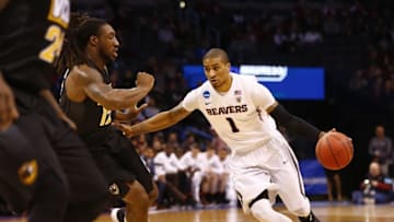 Mar 18, 2016; Oklahoma City, OK, USA; Oregon State Beavers guard Gary Payton II (1) drives against Virginia Commonwealth Rams forward Mo Alie-Cox (12) in the first half during the first round of the 2016 NCAA Tournament at Chesapeake Energy Arena. Mandatory Credit: Kevin Jairaj-USA TODAY Sports