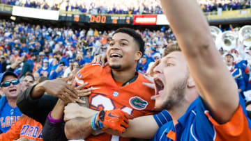 Nov 19, 2016; Baton Rouge, LA, USA; Florida Gators defensive back Teez Tabor (31) celebrates the win over the LSU Tigers at Tiger Stadium. The Gators defeat the Tigers 16-10. Mandatory Credit: Jerome Miron-USA TODAY Sports