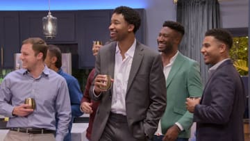 Love is Blind. (L to R) Jared Pierce, Milton Johnson, Uche Okoroha, Enoch Culliver in episode 501 of Love is Blind. Cr. Courtesy of Netflix © 2023