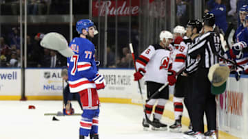 NEW YORK, NEW YORK - JANUARY 09: Tony DeAngelo #77 of the New York Rangers makes his way back to the bench after scoring his hat-trick goal at 15:02 of the second period against the New Jersey Devils at Madison Square Garden on January 09, 2020 in New York City. (Photo by Bruce Bennett/Getty Images)