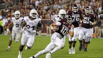 Auburn footballOct 2, 2021; College Station, Texas, USA; Texas A&M Aggies quarterback Zach Calzada (10) rushes for a touchdown against the Mississippi State Bulldogs in the third quarter at Kyle Field. Mandatory Credit: Thomas Shea-USA TODAY Sports