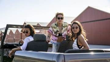 Ella Balinska, Kristen Stewart and Naomi Scott star in Charlie's Angels.. Photo Courtesy Nadja Klier / Sony Pictures