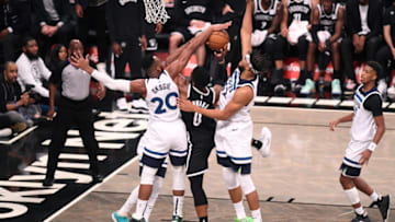 NEW YORK, NY - OCTOBER 23: Josh Okogie #20 of the Minnesota Timberwolves blocks a shot by David Nwaba #0 of the Brooklyn Nets. (Photo by Matteo Marchi/Getty Images)
