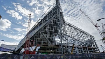 Sep 20, 2015; Minneapolis, MN, USA; US Bank Stadium, the new stadium for the Minnesota Vikings, topped off with its highest beam this week. The Vikings play the Detroit Lions at TCF Bank Stadium today. Mandatory Credit: Bruce Kluckhohn-USA TODAY Sports
