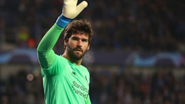 GENK, BELGIUM - OCTOBER 23: Alisson Becker of Liverpool during the UEFA Champions League group E match between KRC Genk and Liverpool FC at Luminus Arena on October 23, 2019 in Genk, Belgium. (Photo by Catherine Ivill/Getty Images)