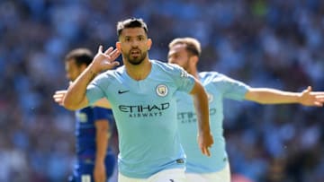 LONDON, ENGLAND - AUGUST 05: Sergio Aguero of Manchester City celebrates scoring his side's first goal during the FA Community Shield between Manchester City and Chelsea at Wembley Stadium on August 5, 2018 in London, England. (Photo by Michael Regan/Getty Images)