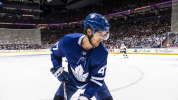 TORONTO, ON - FEBRUARY 3: Pierre Engvall #47 of the Toronto Maple Leafs skates against the Florida Panthers during the first period at the Scotiabank Arena on February 3, 2020 in Toronto, Ontario, Canada. (Photo by Mark Blinch/NHLI via Getty Images)