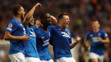 GLASGOW, SCOTLAND - AUGUST 22: Abdallah Sima of Rangers celebrates after he scores the opening goal during the UEFA Champions Qualifying Play-Off: First Leg between Rangers v PSV Eindhoven at Ibrox Stadium on August 22, 2023 in Glasgow, Scotland. (Photo by Ian MacNicol/Getty Images)