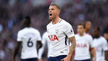 LONDON, ENGLAND - OCTOBER 22: Toby Alderweireld of Tottenham Hotspur reacts during the Premier League match between Tottenham Hotspur and Liverpool at Wembley Stadium on October 22, 2017 in London, England. (Photo by David Ramos/Getty Images)
