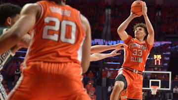 Jan 13, 2023; Champaign, Illinois, USA; Illinois Fighting Illini forward Coleman Hawkins (33) shoots the ball during the first half against the Michigan State Spartans at State Farm Center. Mandatory Credit: Ron Johnson-USA TODAY Sports
