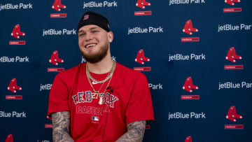 FT. MYERS, FL - FEBRUARY 15: Alex Verdugo #99 of the Boston Red Sox speaks to the media during a press conference during a team workout on February 15, 2020 at jetBlue Park at Fenway South in Fort Myers, Florida. (Photo by Billie Weiss/Boston Red Sox/Getty Images)