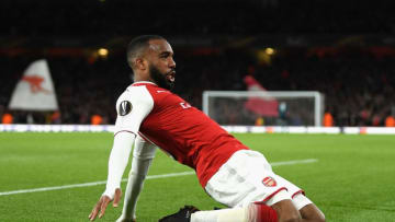 LONDON, ENGLAND - APRIL 26: Alexandre Lacazette of Arsenal celebrates after scoring his sides first goal during the UEFA Europa League Semi Final leg one match between Arsenal FC and Atletico Madrid at Emirates Stadium on April 26, 2018 in London, United Kingdom. (Photo by Mike Hewitt/Getty Images)