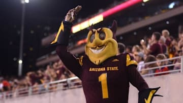 Sep 24, 2016; Tempe, AZ, USA; Arizona State Sun Devils mascot Sparky looks on against the California Golden Bears at Sun Devil Stadium. The Sun Devils won 51-41. Mandatory Credit: Joe Camporeale-USA TODAY Sports
