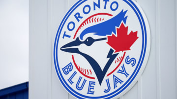 Mar 6, 2021; Dunedin, Florida, USA; A detailed view of the Toronto Blue Jays logo on a building at TD Ballpark during the spring training game between the Toronto Blue Jays and the Philadelphia Phillies. Mandatory Credit: Jasen Vinlove-USA TODAY Sports
