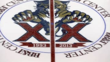 Sep 16, 2013; Sunrise, FL, USA; A view of the Florida Panthers logo at center ice before a preseason game between the Nashville Predators and Florida Panthers at BB&T Center. Mandatory Credit: Robert Mayer-USA TODAY Sports