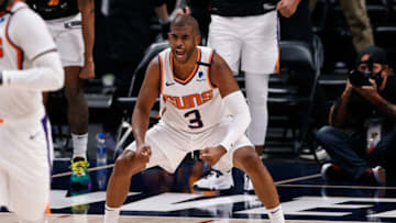 Former OKC Thunder captain Suns Chris Paul (3) reacts after a play in the fourth quarter against the Denver Nuggets : Isaiah J. Downing-USA TODAY Sports