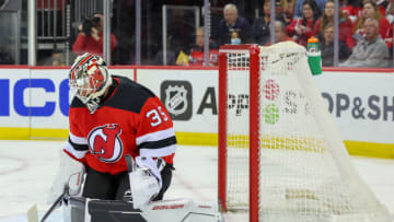 Apr 21, 2022; Newark, New Jersey, USA; New Jersey Devils goaltender Andrew Hammond (35) makes a save against the Buffalo Sabres during the first period at Prudential Center. Mandatory Credit: Ed Mulholland-USA TODAY Sports