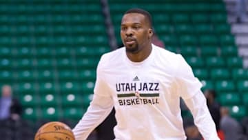 Feb 23, 2016; Salt Lake City, UT, USA; Utah Jazz guard Shelvin Mack (8) warms up prior to the game against the Houston Rockets at Vivint Smart Home Arena. Mandatory Credit: Russ Isabella-USA TODAY Sports