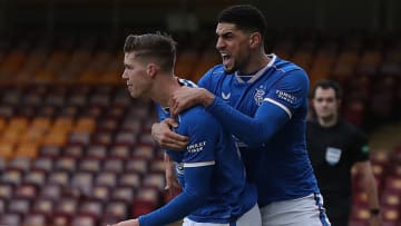 MOTHERWELL, SCOTLAND - JANUARY 17: Cedric Itten of Rangers celebrates with teammate Leon Balogun after scoring their team's first goal during the Ladbrokes Scottish Premiership match between Motherwell and Rangers at Fir Park on January 17, 2021 in Motherwell, Scotland. Sporting stadiums around Scotland remain under strict restrictions due to the Coronavirus Pandemic as Government social distancing laws prohibit fans inside venues resulting in games being played behind closed doors. (Photo by Ian MacNicol/Getty Images)