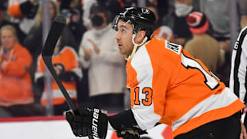 Nov 16, 2021; Philadelphia, Pennsylvania, USA; Philadelphia Flyers center Kevin Hayes (13) against the Calgary Flames at Wells Fargo Center. Mandatory Credit: Eric Hartline-USA TODAY Sports