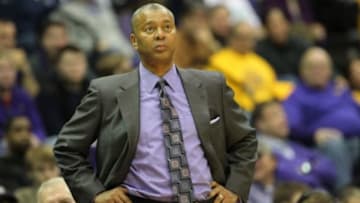 Jan 28, 2014; Baton Rouge, LA, USA; LSU Tigers head coach Johnny Jones watches his team in the second half against the Kentucky Wildcats at the Pete Maravich Assembly Center. LSU defeated Kentucky 87-82. Mandatory Credit: Crystal LoGiudice-USA TODAY Sports