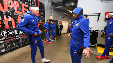 LOS ANGELES, CA - NOVEMBER 15: Tobias Harris #34 an Lou Williams #23 of the LA Clippers talk prior to a game against the San Antonio Spurs at STAPLES Center on November 15, 2018 in Los Angeles, California. NOTE TO USER: User expressly acknowledges and agrees that, by downloading and/or using this Photograph, user is consenting to the terms and conditions of the Getty Images License Agreement. Mandatory Copyright Notice: Copyright 2018 NBAE (Photo by Andrew D. Bernstein/NBAE via Getty Images)