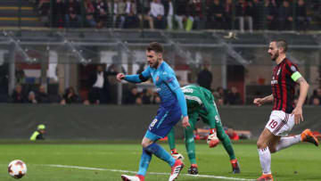 MILAN, ITALY - MARCH 08: Aaron Ramsey of Arsenal scores during the UEFA Europa League Round of 16 match between AC Milan and Arsenal at the San Siro on March 8, 2018 in Milan, Italy. (Photo by Catherine Ivill/Getty Images)