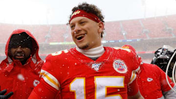KANSAS CITY, MISSOURI - DECEMBER 15: Patrick Mahomes #15 of the Kansas City Chiefs jogs off the field following their win over the Denver Broncos at Arrowhead Stadium on December 15, 2019 in Kansas City, Missouri. (Photo by David Eulitt/Getty Images)