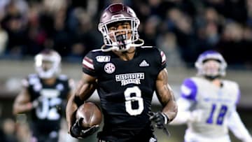 2021 NFL Daft prospect Kylin Hill #8 of the Mississippi State Bulldogs (Photo by Matt Bush-USA TODAY Sports)