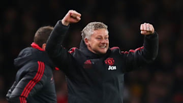 LONDON, ENGLAND - JANUARY 25: Ole Gunnar Solskjaer, Interim Manager of Manchester United celebrates as Jesse Lingard of Manchester United scores his team's second goal during the FA Cup Fourth Round match between Arsenal and Manchester United at Emirates Stadium on January 25, 2019 in London, United Kingdom. (Photo by Catherine Ivill/Getty Images)