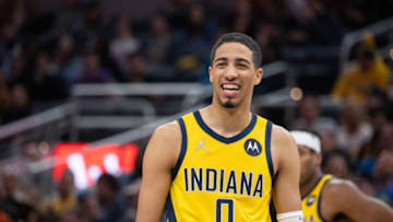 Feb 11, 2022; Indianapolis, Indiana, USA; Indiana Pacers guard Tyrese Haliburton (0) looks on during the first half against the Cleveland Cavaliers at Gainbridge Fieldhouse. Mandatory Credit: Trevor Ruszkowski-USA TODAY Sports