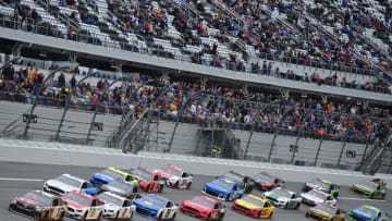 DAYTONA BEACH, FL - FEBRUARY 10: Kyle Busch, driver of the #18 M&M's Chocolate Bar Toyota, leads during the Monster Energy NASCAR Cup Series Advance Auto Parts Clash at Daytona International Speedway on February 10, 2019 in Daytona Beach, Florida. (Photo by Jared C. Tilton/Getty Images)
